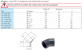 Gewindewinkel 45° PVC-U (nur für Kunststoffgewinde), PN 10, Winkelverschraubung, Verschraubung, alle Größen